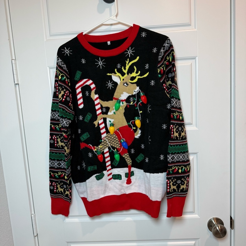 Holiday Reindeer Crewneck Sweater - Black, Red, Green ugly sweater NWOT
